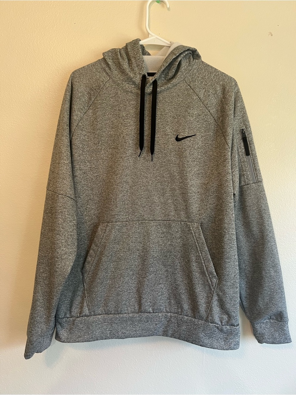 Nike Therma-FIT Gray Pullover Hoodie Black Swoosh Zip Sleeve Pocket, Size Large